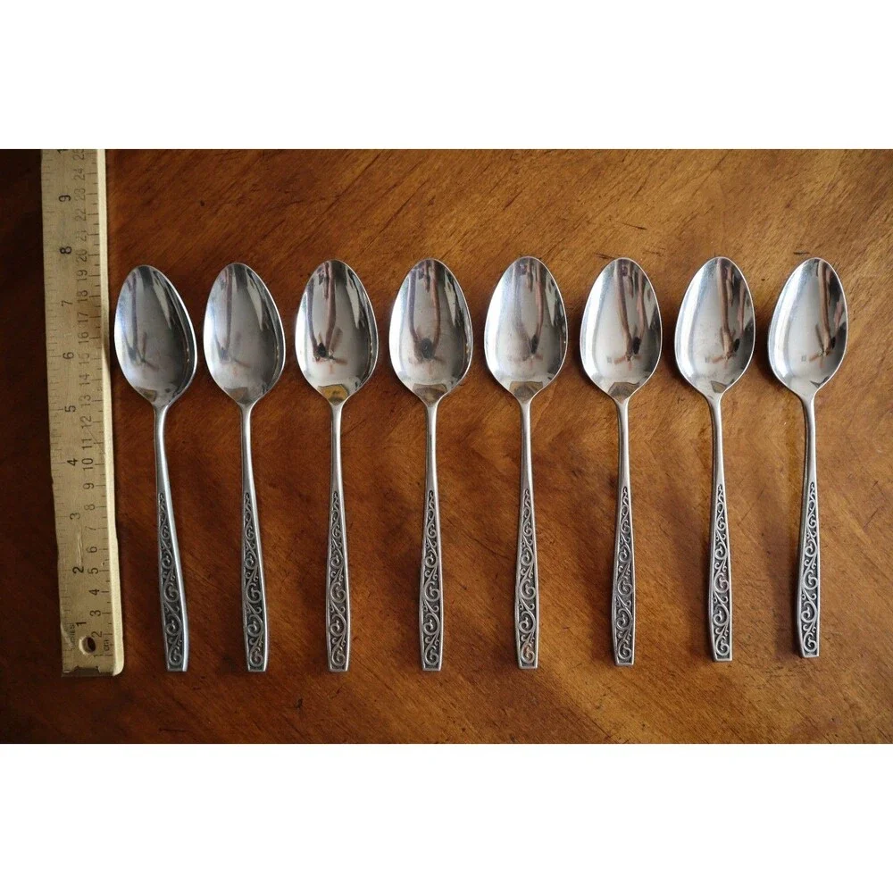 Lot 8x Imperial International IIC DAVOS Stainless Black Floral Table Spoon 7.5